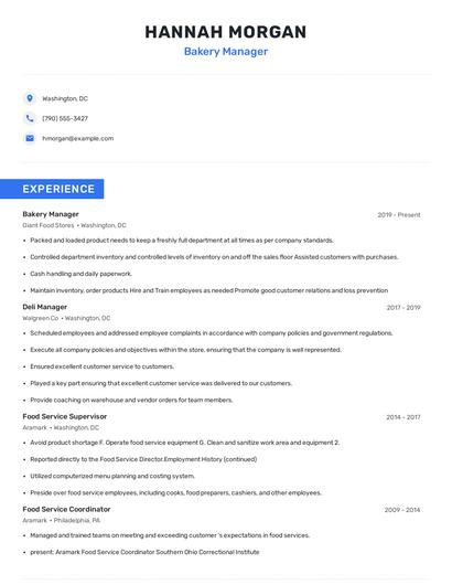 Bakery Manager Resume