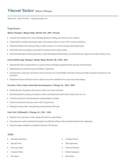 Bakery Manager Resume