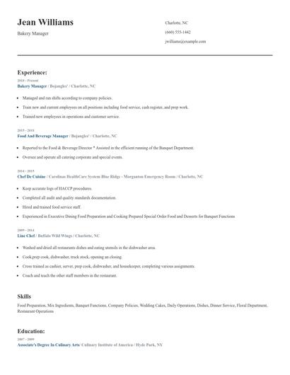 Bakery Manager Resume