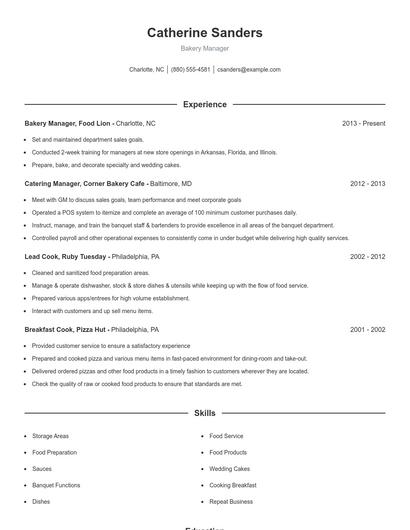 Bakery Manager Resume