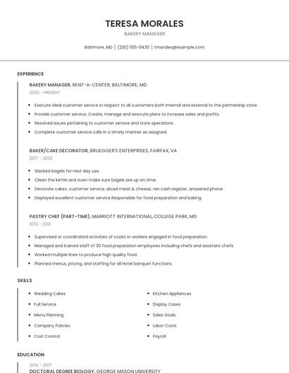 Bakery Manager Resume
