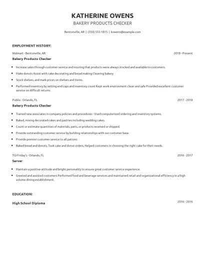 Bakery Products Checker Resume