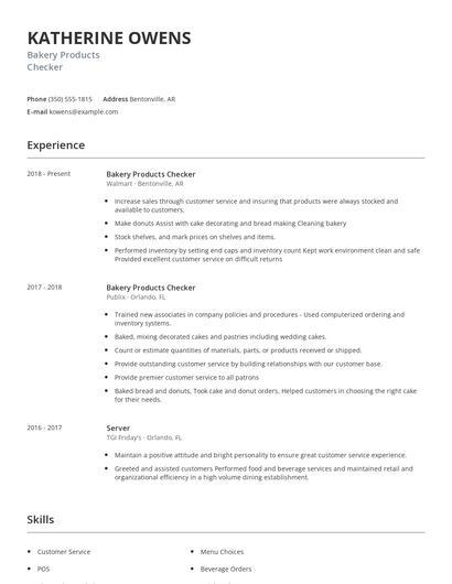 Bakery Products Checker Resume