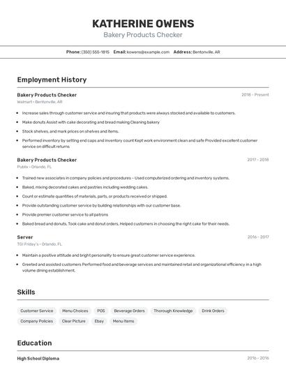Bakery Products Checker Resume