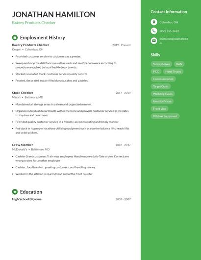 Bakery Products Checker Resume
