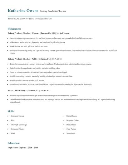 Bakery Products Checker Resume