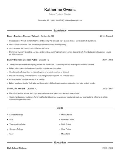 Bakery Products Checker Resume