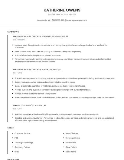 Bakery Products Checker Resume