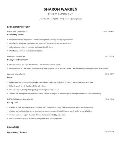 Bakery Supervisor Resume
