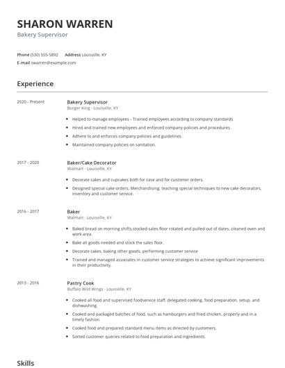 Bakery Supervisor Resume