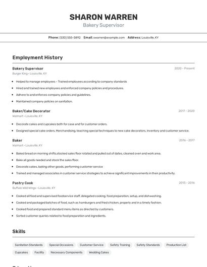 Bakery Supervisor Resume