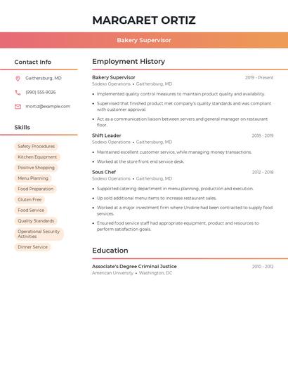 Bakery Supervisor Resume