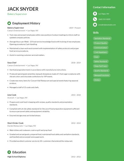 Bakery Supervisor Resume