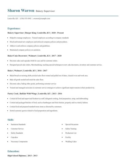 Bakery Supervisor Resume