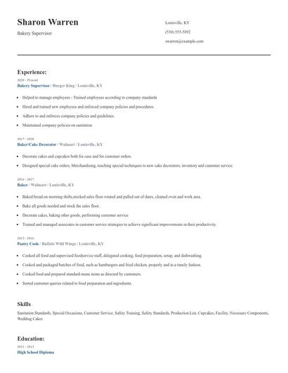 Bakery Supervisor Resume
