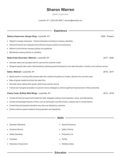 Bakery Supervisor Resume
