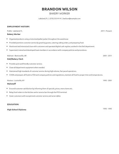 Bakery Worker Resume