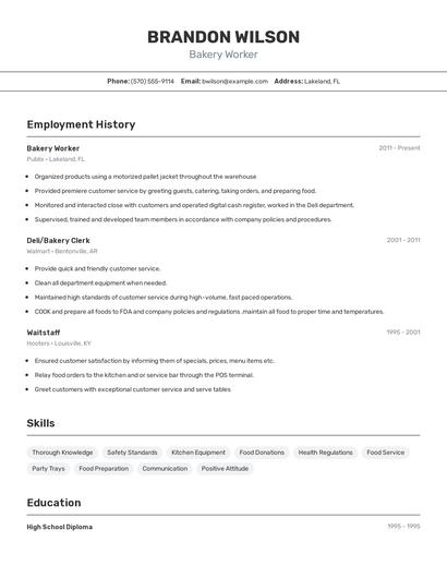 Bakery Worker Resume