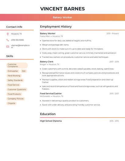Bakery Worker Resume