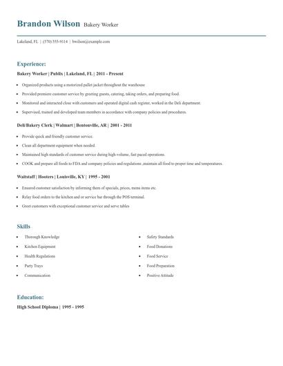 Bakery Worker Resume
