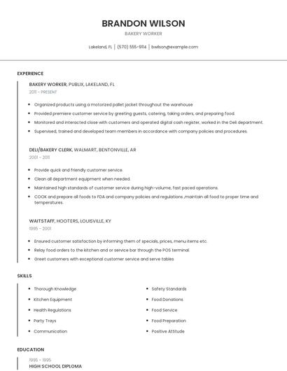 Bakery Worker Resume