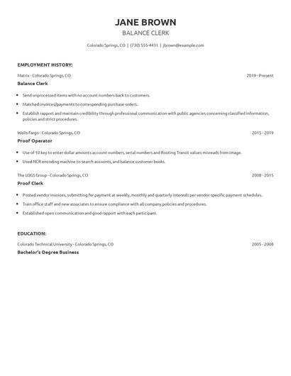 Balance Clerk Resume
