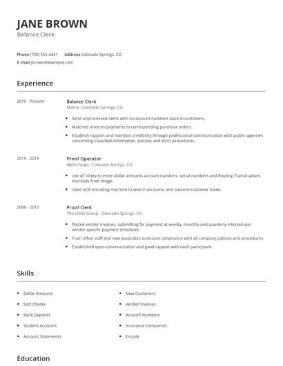 Balance Clerk Resume