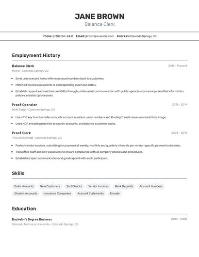 Balance Clerk Resume