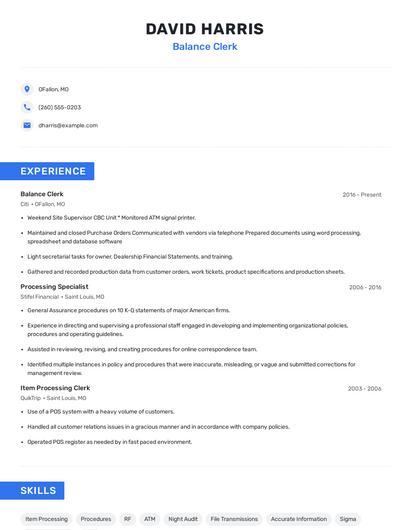 Balance Clerk Resume