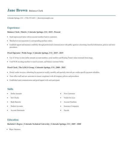 Balance Clerk Resume