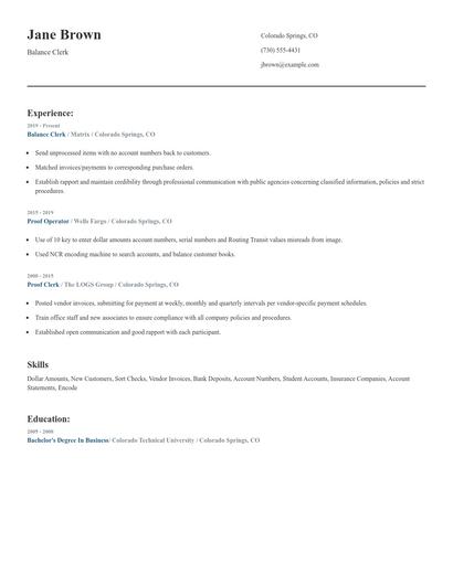 Balance Clerk Resume