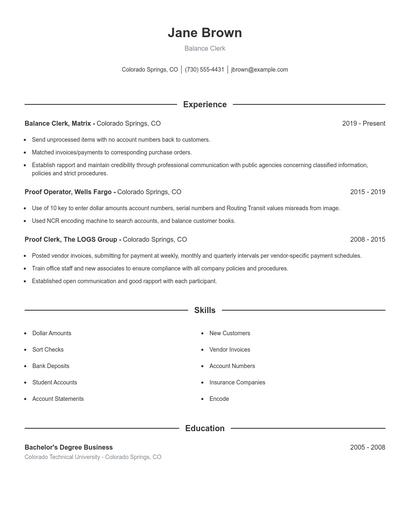 Balance Clerk Resume