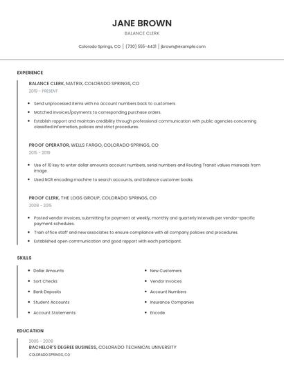 Balance Clerk Resume