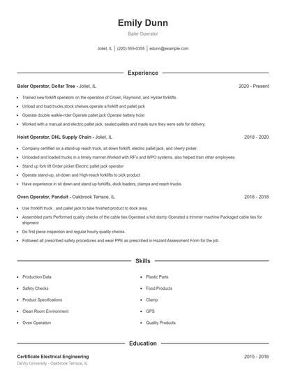 Baler Operator Resume