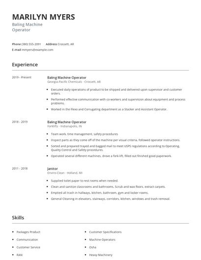 Baling Machine Operator Resume