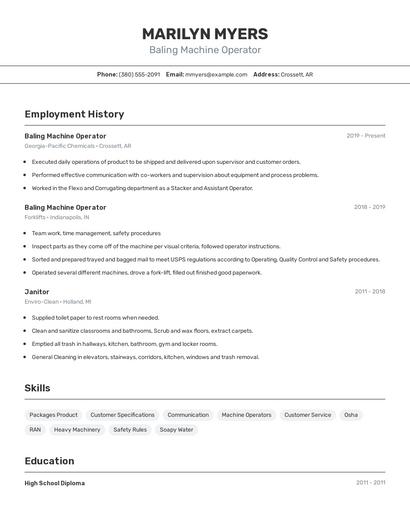 Baling Machine Operator Resume