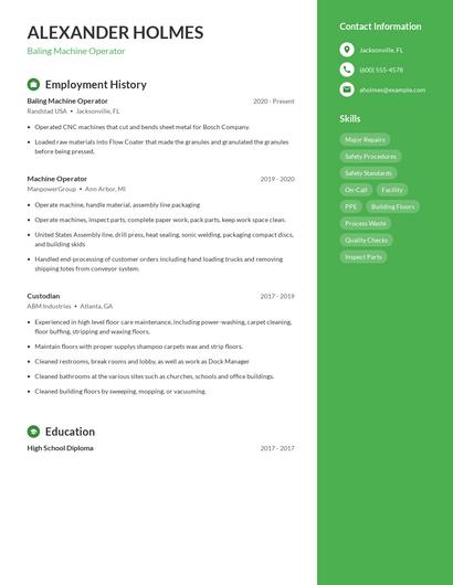 Baling Machine Operator Resume