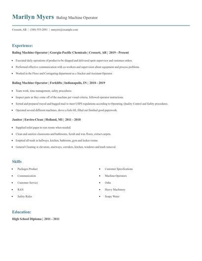 Baling Machine Operator Resume