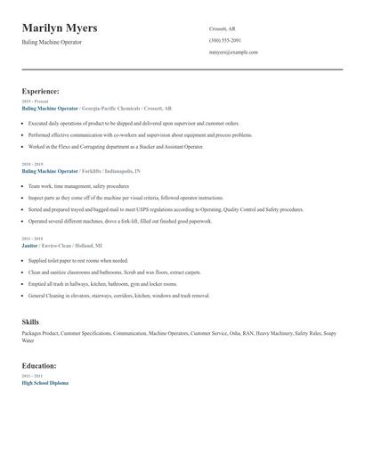 Baling Machine Operator Resume