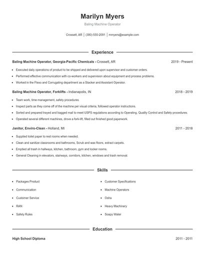 Baling Machine Operator Resume