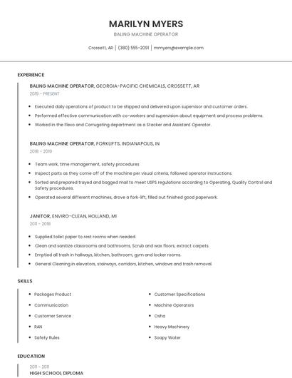 Baling Machine Operator Resume