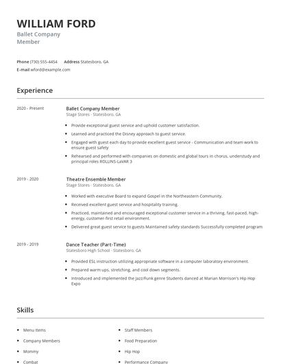 Ballet Company Member Resume