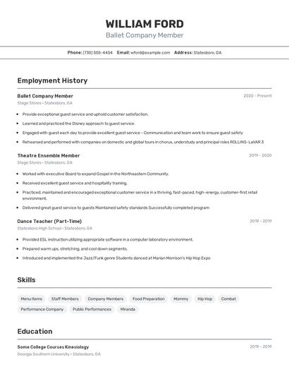 Ballet Company Member Resume