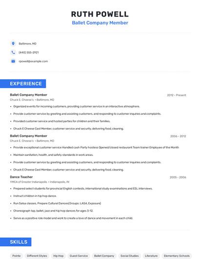 Ballet Company Member Resume