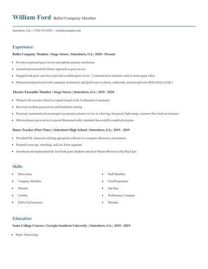 Ballet Company Member Resume