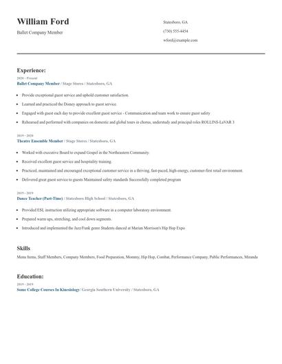 Ballet Company Member Resume