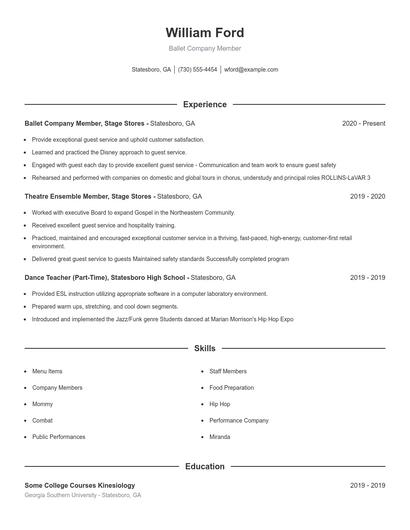 Ballet Company Member Resume