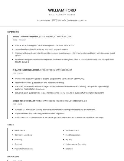 Ballet Company Member Resume