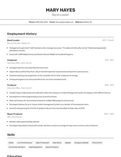 Band Leader Resume