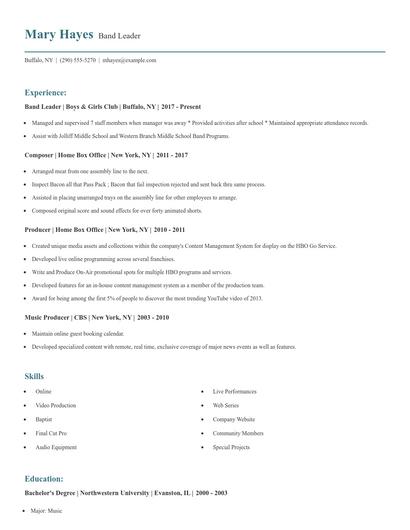 Band Leader Resume